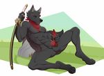  2017 abs animal_genitalia animal_penis balls bandanna black_nose canine fur grey_fur knot male mammal masturbation melee_weapon muscular nude outside patto pecs penis simple_background solo sword weapon wolf 