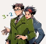 black_hair blazer blue_eyes brown_eyes edward_the_blue_engine glasses grey_background hand_in_pocket head_on_shoulder henry_the_green_engine jacket kendy_(revolocities) male_focus multicolored_hair multiple_boys personification red_eyes scar school_uniform short_hair simple_background smile streaked_hair sweatdrop thomas_the_tank_engine 