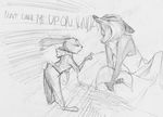  2017 anthro bed black_and_white buckteeth canine clothed clothing dialogue disney duo english_text eyes_closed female fox hoodie judy_hopps lagomorph male mammal monochrome monoflax nick_wilde open_mouth pillow rabbit simple_background sketch teeth text traditional_media_(artwork) white_background yelling zootopia 