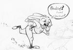  2017 anthro black_and_white buckteeth bulletproof_vest clothed clothing dialogue disney duo english_text female judy_hopps lagomorph male mammal monochrome monoflax police_uniform rabbit running simple_background sketch solo_focus teeth text traditional_media_(artwork) uniform walkie_talkie white_background zootopia 