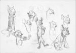  2017 anthro ball barefoot basketball_(ball) black_and_white canine clothed clothing disney fox group male mammal monochrome monoflax nick_wilde simple_background sketch sketch_page traditional_media_(artwork) white_background zootopia 
