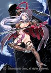  armpits ass breasts brown_gloves brown_legwear cloak dual_wielding gloves gyakushuu_no_fantasica high_heels holding holding_sword holding_weapon hood hooded_cloak large_breasts long_hair looking_at_viewer red_eyes revealing_clothes shinozuka_atsuto sideboob silver_hair smile solo sword thighhighs twisted_torso very_long_hair weapon 