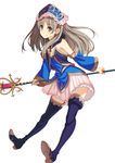  atelier_(series) atelier_meruru atelier_totori bangs banned_artist bare_shoulders blush brown_eyes closed_mouth detached_sleeves eyebrows_visible_through_hair flat_chest frills grey_hair headdress holding holding_staff legs_apart long_hair looking_at_viewer paseri pink_skirt simple_background skirt smile solo staff standing thighhighs totooria_helmold white_background 