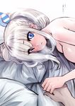  1girl blue_eyes breasts eyebrows_visible_through_hair indoors kantai_collection kashima_(kantai_collection) large_breasts long_hair male_hand nude pov_eye_contact silver_hair souryu sweat translation_request twintails 
