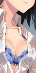  arms_at_sides banned_artist black_hair blue_bow blue_bra bow bow_bra bra breasts close-up collared_shirt dress_shirt grey_background lace lace-trimmed_bra medium_breasts original parted_lips paseri see-through shirt simple_background solo unbuttoned unbuttoned_shirt underwear wet wet_clothes wet_shirt white_shirt 