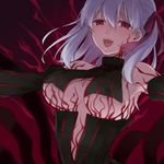  :d breasts citron_82 dark_sakura detached_sleeves fate/stay_night fate_(series) hair_ribbon large_breasts matou_sakura open_mouth purple_hair red_eyes ribbon smile solo underboob upper_body 