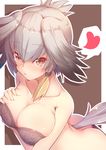  arched_back ass bangs bird_tail blush bra breast_hold breasts butt_crack cleavage collarbone eyebrows_visible_through_hair feathers grabbing_own_breast grey_bra grey_hair grey_panties hair_between_eyes head_wings heart highres kemono_friends large_breasts panties shoebill_(kemono_friends) side_ponytail solo tatapopo thought_bubble twintails underwear yellow_eyes 