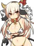  animal_print armpits arms_up bikini blonde_hair blush breasts brown_eyes chain character_name collar cow_horns cow_print cow_tail dog_collar elbow_gloves fur_trim gloves highleg highleg_panties horn_ribbon horns large_breasts long_hair looking_at_viewer mofuaki open_mouth original panties ribbon simple_background solo swimsuit tail underwear white_background 