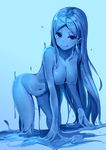  :q all_fours banned_artist blue blue_background blue_eyes blue_hair breasts closed_mouth collarbone eyebrows_visible_through_hair goo_girl large_breasts long_hair looking_at_viewer monster_girl navel nude original paseri simple_background solo thighs tongue tongue_out very_long_hair 