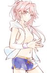  alternate_costume alternate_hairstyle astolfo_(fate) citron_82 fate/apocrypha fate_(series) hair_ornament hair_scrunchie hands_together long_hair looking_at_viewer male_focus navel nipples otoko_no_ko pink_eyes pink_hair ponytail ribbon scrunchie shorts simple_background sketch white_background wristband 