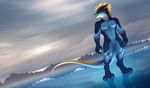  4_toes akitamonster anthro blonde_hair digitigrade dragonoid featureless_crotch hair male nude open_mouth smile solo standing teeth toes 