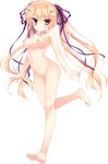  barefoot blonde_hair blush breasts full_body hair_ornament hair_ribbon hairclip highres inukai_shinono legs_up long_hair looking_at_viewer medium_breasts navel nipples no_pussy nude official_art red_eyes ribbon solo transparent_background twintails wan_nyan_a_la_mode! wori 