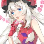  :d blue_eyes blush breasts citron_82 dress fate/grand_order fate_(series) flower gloves hat jewelry long_hair marie_antoinette_(fate/grand_order) open_mouth ring silver_hair sleeveless small_breasts smile solo twintails upper_body very_long_hair 
