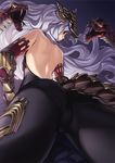  ass backless_outfit banned_artist bare_back bodysuit brown_eyes closed_mouth floating_hair from_behind from_below gauntlets granblue_fantasy grey_hair headpiece lavender_hair light_smile long_hair looking_at_viewer looking_back medusa_(shingeki_no_bahamut) paseri profile shingeki_no_bahamut smile snake solo thighs tight trefoil very_long_hair 