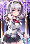  blue_eyes breasts commentary_request epaulettes frilled_sleeves frills fukase_ayaka kantai_collection kashima_(kantai_collection) kerchief large_breasts long_hair looking_at_viewer military military_uniform petals silver_hair smile solo twintails uniform wavy_hair 