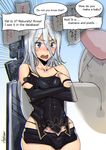  android armlet ashiomi_masato bare_shoulders black_gloves black_shorts blue_eyes blush collarbone comic commentary_request crossed_arms elbow_gloves embarrassed engrish eyebrows_visible_through_hair gloves hair_between_eyes hard_translated long_hair nier_(series) nier_automata open_mouth ranguage robot_joints short_shorts shorts silver_hair sweatdrop sword sword_behind_back tank_top translated weapon yorha_type_a_no._2 