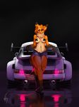  2017 5_fingers anthro big_breasts biped blonde_hair breasts canine car clothed clothing eyebrows eyelashes female fluffy fluffy_tail fox full-length_portrait fur gloves_(marking) hair humanoid_hands leg_markings long_ears looking_at_viewer mammal markings multicolored_fur navel neck_tuft orange_fur plantigrade portrait pose purple_eyes purple_nose reflection short_hair signature simple_background smile snout standing tape topless tuft two_tone_fur vehicle white_fur wolfirry 