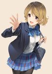  bag bangs banned_artist beige_background blazer blue_skirt brown_hair collared_shirt cowboy_shot eyebrows_visible_through_hair hand_up jacket koizumi_hanayo looking_at_viewer love_live! love_live!_school_idol_project open_blazer open_clothes open_jacket open_mouth pantyhose paseri plaid plaid_skirt pleated_skirt purple_eyes school_bag shirt short_hair shoulder_bag simple_background skirt smile solo swept_bangs waving wavy_hair white_shirt 