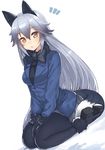  1girl animal_ears bangs between_legs black_gloves black_legwear blush boots bow bowtie brown_eyes commentary_request eyebrows_visible_through_hair fox_ears fox_tail fur_trim gloves hair_between_eyes hajime_kaname highres jacket kemono_friends long_hair long_sleeves looking_at_viewer multicolored_hair open_mouth pantyhose pleated_skirt silver_fox_(kemono_friends) silver_hair simple_background sitting skirt solo tail v_arms wariza white_background 