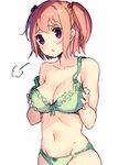  :/ =3 bangs banned_artist blush bow bow_bra bow_panties bra closed_mouth collarbone eyebrows_visible_through_hair green_bra green_panties hair_bobbles hair_ornament mouth navel original panties paseri pink_hair purple_eyes sidelocks sideways simple_background sketch solo strap_slip twintails underwear upper_body white_background 