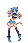  absurdres animal_ears bell black_legwear blue_hair cat_ears cat_tail claws collar full_body gloves green_eyes highres jingle_bell ket_sea looking_at_viewer official_art paw_gloves paws short_hair short_sleeves simple_background skirt smile solo tail thighhighs waguruma! white_background 