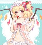  alternate_costume babydoll blonde_hair bloomers blush bow breasts cleavage collarbone commentary_request crystal flandre_scarlet food food_themed_hair_ornament frills fruit hair_between_eyes hair_ornament hat hat_bow looking_at_viewer mob_cap mugicha_(mugicha0929) navel parted_lips red_bow red_eyes short_sleeves side_ponytail small_breasts solo stomach strawberry strawberry_hair_ornament touhou underwear wings 