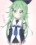  bad_id bad_pixiv_id bare_shoulders black_ribbon black_serafuku black_skirt blue_neckwear detached_sleeves green_eyes green_hair hair_between_eyes hair_ornament hair_ribbon hairclip kantai_collection long_hair neckerchief pink_background pleated_skirt rateratte ribbon school_uniform serafuku skirt solo translated yamakaze_(kantai_collection) 