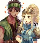  1boy 1girl belt blonde_hair blush brown_eyes brown_hair clair_(fire_emblem) closed_eyes dark_skin dark_skinned_male fire_emblem fire_emblem_echoes:_mou_hitori_no_eiyuuou grey_(fire_emblem) headband heart helmet highres kash-phia long_hair open_mouth ponytail simple_background teeth white_background 