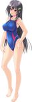  absurdres barefoot black_hair blush breasts competition_swimsuit covered_nipples full_body hair_ornament hairclip highres large_breasts long_hair looking_at_viewer mishima_kagome official_art one-piece_swimsuit parted_lips pink_eyes ryuudouji_shimon_no_inbou smile solo swimsuit teeta_j transparent_background 