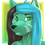  anthro canine diaminerre female fur green_eyes green_fur hair long_hair mammal portrait solo stripes wolf 