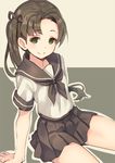  ayanami_(kantai_collection) bangs banned_artist blush brown_background brown_hair c: closed_mouth eyebrows_visible_through_hair green_eyes kantai_collection long_hair looking_at_viewer parted_bangs paseri school_uniform serafuku side_ponytail simple_background sitting smile solo thighs two-tone_background 