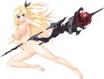  akizora_momiji alissa_rina_tanaka barefoot blonde_hair blue_eyes breasts floating_hair full_body hair_ornament hairclip highres holding holding_weapon kimi_no_mana_wa_rina_witch large_breasts long_hair looking_at_viewer navel nipples no_pussy nude official_art open_mouth solo transparent_background two-handed two_side_up weapon 