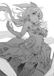  bangs banned_artist bra breasts commentary_request eyebrows_visible_through_hair floating_hair granblue_fantasy greyscale hand_up long_hair medium_breasts monochrome navel parted_lips paseri petals plant_girl sketch solo twintails underwear work_in_progress yggdrasil_(granblue_fantasy) 