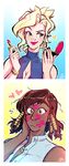  2koma after_kiss applying_makeup blonde_hair blue_eyes blush breasts brown_eyes brown_hair casual cleavage cleavage_cutout comic commentary compact dark_skin ddhew earrings english_commentary eyebrows hair_tubes heart highres jewelry lipstick lipstick_mark lipstick_tube makeup medium_breasts mercy_(overwatch) multiple_girls necklace overwatch pharah_(overwatch) shirt short_ponytail sideways_glance sleeveless sleeveless_shirt sleeveless_turtleneck turtleneck yuri 