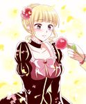  1girl beatrice blonde_hair blue_eyes blush bow bug butterfly choker dress flower hair_bun hair_flower hair_ornament insect maekawa_suu out_of_frame petals rose solo_focus umineko_no_naku_koro_ni ushiromiya_battler 