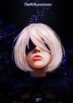  black_blindfold black_dress blindfold closed_mouth covered_eyes dress facing_viewer highres lips mole mole_under_mouth nier_(series) nier_automata nose portrait red_lips short_hair solo spiz turtleneck white_hair yorha_no._2_type_b 