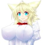  absurdres ahoge animal_ears blonde_hair blue_eyes blush bow bowtie breasts covered_nipples highres huge_breasts impossible_clothes looking_at_viewer minarai_tenna monster_girl narulala original sidelocks simple_background smile solo white_background 