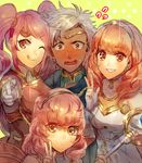  3girls blush boey_(fire_emblem) breastplate brown_eyes cape celica_(fire_emblem) circlet curly_hair dark_skin earrings fingerless_gloves fire_emblem fire_emblem_echoes:_mou_hitori_no_eiyuuou gloves hairband jenny_(fire_emblem) jewelry kash-phia long_hair mae_(fire_emblem) multiple_girls one_eye_closed open_mouth pink_hair portrait red_eyes red_hair staff teeth tongue tongue_out twintails v white_hair 
