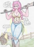  2017 anthro beauty_mark breasts cleavage clothed clothing dialogue english_text equine fan_character female flicker-show gun hi_res honey_suckle_(oc) horse mammal muscular my_little_pony pigtails pony ranged_weapon shotgun text traditional_media_(artwork) weapon 