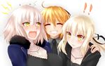  3girls absurdres ahoge alternate_costume artoria_pendragon_(all) blush breasts cleavage closed_eyes collarbone covered_nipples cross cross_necklace dark_persona embarrassed fang fate/grand_order fate_(series) fujimaru_ritsuka_(female) fur_trim grin hand_on_another's_head hand_on_another's_shoulder highres jeanne_d'arc_(alter)_(fate) jeanne_d'arc_(fate)_(all) jewelry large_breasts minarai_tenna multiple_girls necklace necktie nose_blush open_mouth orange_hair pendant ponytail saber_alter short_hair sidelocks silver_hair slit_pupils smile tied_hair wavy_mouth wicked_dragon_witch_ver._shinjuku_1999 yellow_eyes 