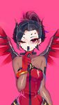 ahoge alternate_breast_size alternate_costume black_hair bodysuit breasts cross dark_persona demon_horns devil_mercy emblem eyebrows_visible_through_hair facial_mark forehead_mark gloves high_ponytail highres holding horns huasha large_breasts looking_at_viewer mechanical_wings mercy_(overwatch) one_eye_closed overwatch patch pink_background red_eyes red_gloves red_wings shiny shiny_clothes sketch slit_pupils smile solo spread_wings upper_body wings 
