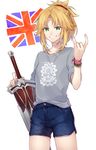  \n/ blonde_hair casual citron_82 clarent contemporary fate/apocrypha fate_(series) flag green_eyes grin hair_ornament hair_scrunchie mordred_(fate) mordred_(fate)_(all) ponytail red_scrunchie scrunchie shirt shorts smile solo sword t-shirt union_jack united_kingdom weapon wristband 