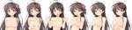  :o ahoge black_hair blush breasts grabbing_own_arm hair_ribbon hands_together highres koinosu_ichacolize large_breasts long_hair long_image looking_at_viewer multiple_views nipples nude one_eye_closed one_side_up open_mouth ribbon round_teeth smile surprised takeya_masami teeth transparent_background upper_body wide_image yoshino_ichika 
