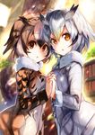  amamitsu_kousuke bangs bookshelf brown_eyes brown_hair chestnut_mouth commentary_request day eurasian_eagle_owl_(kemono_friends) eyebrows_visible_through_hair feathered_wings from_side fur_trim hair_between_eyes head_wings holding_hands interlocked_fingers jacket kemono_friends long_sleeves looking_at_viewer multiple_girls northern_white-faced_owl_(kemono_friends) open_mouth orange_eyes short_hair silver_hair sunlight symmetrical_hand_pose tree upper_body wings 