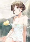  asahikawa_hiyori black_eyes black_hair breasts cleavage collarbone commentary looking_at_viewer medium_breasts naked_towel onsen original parted_lips partially_submerged rubber_duck short_ponytail sitting solo towel yokozuwari 