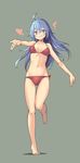  /\/\/\ 1girl ahoge bare_legs barefoot bikini blue_hair breasts eyebrows_visible_through_hair full_body grey_background grin hair_between_eyes heart highres long_hair medium_breasts navel original outstretched_arms outstretched_hand purple_eyes red_bikini saiste simple_background smile solo standing standing_on_one_leg swimsuit symbol-shaped_pupils 