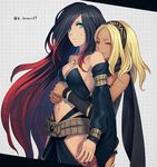  bangs black_hair blonde_hair blue_eyes breast_tattoo breasts cleavage closed_eyes crow_(gravity_daze) dark_skin falling flaxvivi gravity_daze hairband hand_on_another's_stomach highres hug hug_from_behind kitten_(gravity_daze) medium_breasts multicolored_hair multiple_girls navel parted_bangs red_eyes red_hair sad scarf sideboob smile sweatdrop swept_bangs tattoo tears two-tone_hair yuri 