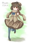  artist_name brown_hair dated emu_(kemono_friends) feathered_wings feathers full_body gloves hanzaki_hiya kemono_friends open_mouth orange_eyes pantyhose scarf white_background wings 