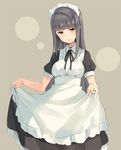  alternate_costume apron bangs banned_artist beige_background blunt_bangs blush brown_eyes closed_mouth cowboy_shot enmaided eyebrows_visible_through_hair grey_hair jitome light_smile long_hair looking_at_viewer love_live! love_live!_school_idol_project maid maid_headdress minami_kotori's_mother paseri skirt_basket smile solo sweatdrop waist_apron wonder_zone 