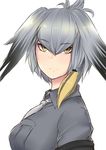  bangs bird_wings black_hair breast_pocket closed_mouth collared_shirt commentary english_commentary eyebrows_visible_through_hair feathered_wings from_side greenopi grey_hair grey_neckwear grey_shirt head_wings highres kemono_friends long_hair looking_at_viewer looking_to_the_side low_ponytail multicolored_hair necktie orange_hair pocket shirt shoebill_(kemono_friends) short_sleeves side_ponytail solo wings yellow_eyes 